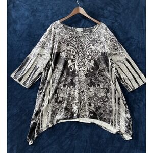 Catherines Womens Velvet Burnout V-Neck Top Size 3X Black Asymmetric Hem Goth